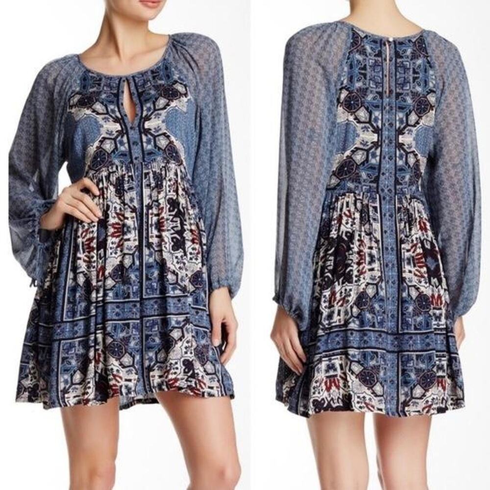 Boho blue and brown dress with a flowy, mini length Free People Size XS